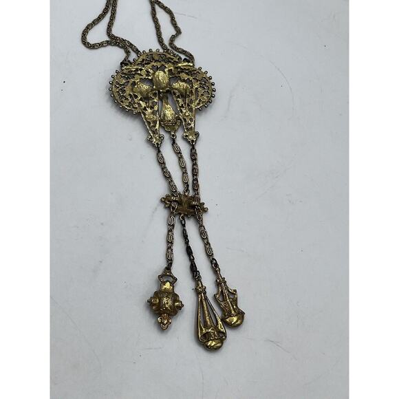 Vintage Signed ART Arthur Pepper VICTORIAN Style Necklace Gold 3 Tier Pendants - Picture 8 of 16